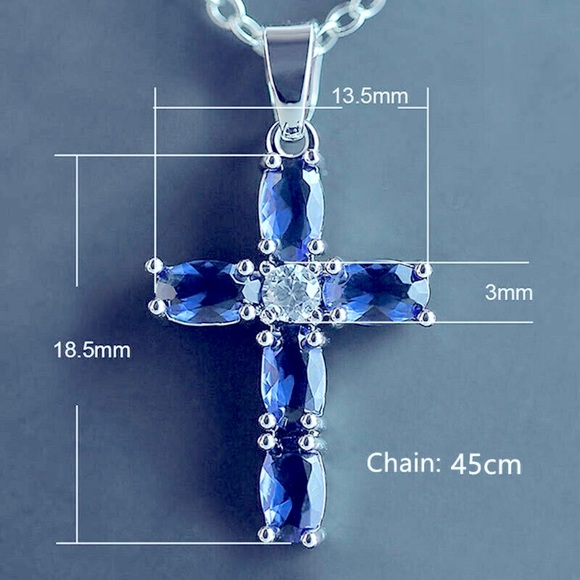 New Beautiful 925 Sterling Silver Sapphire Cross Necklace - Picture 4 of 4